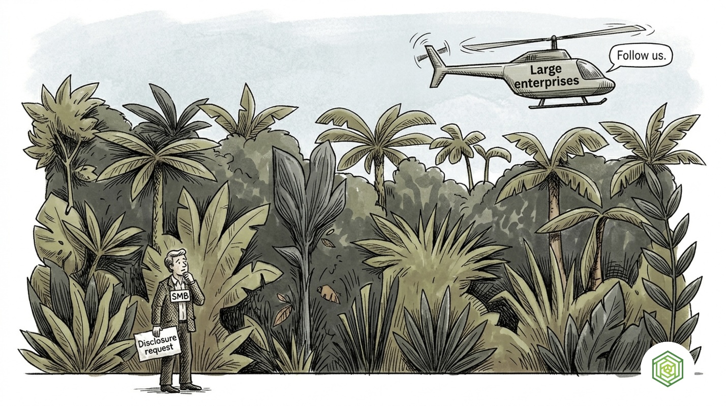 Large enterprise helicopter flying over a jungle while a small business person stands below