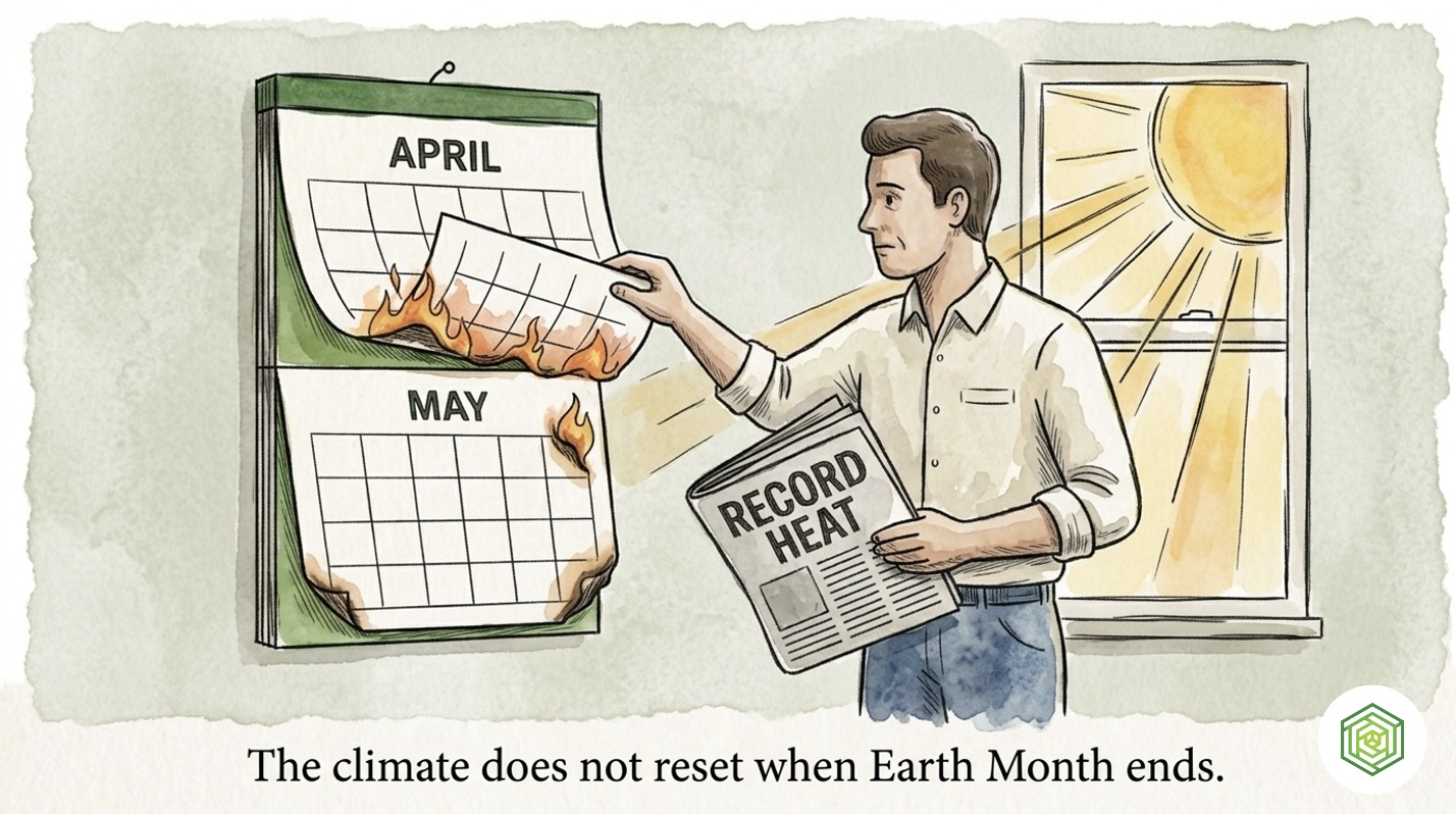 A person flipping from the April calendar page to May while holding a 'Record Heat' newspaper, with a sun blazing outside
