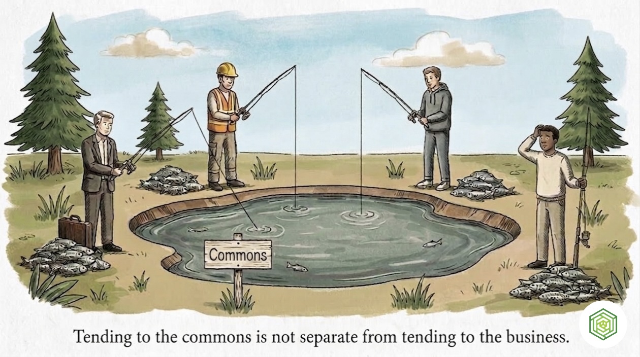 Four figures fishing from a shared commons pond, with dead fish piling up around them — illustrating the tragedy of the commons